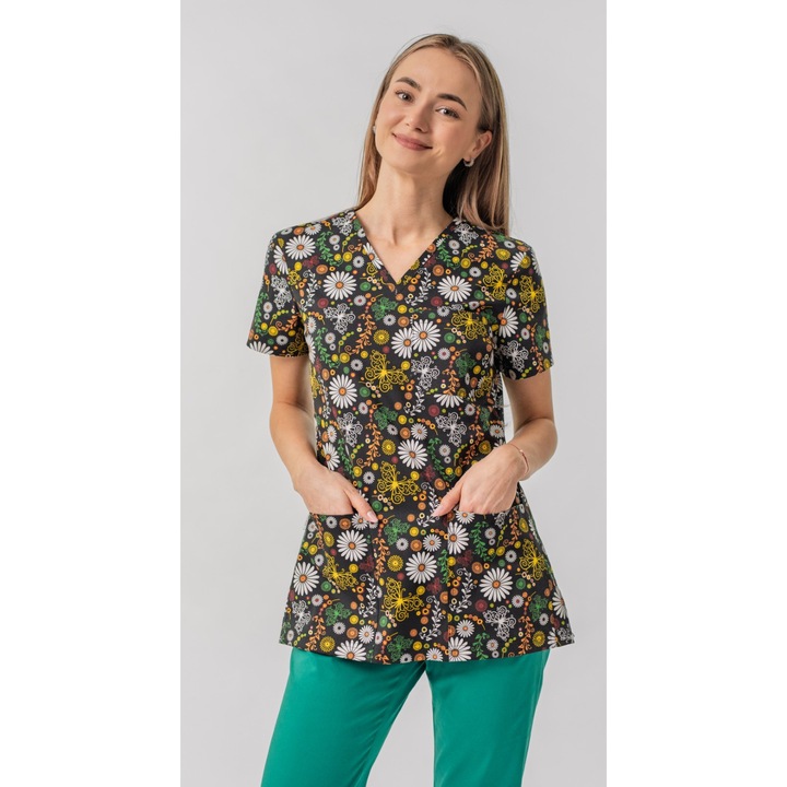 Bluza medicala Ana, de dama, imprimeu cod 84, cambrata, guler in V, marime S
