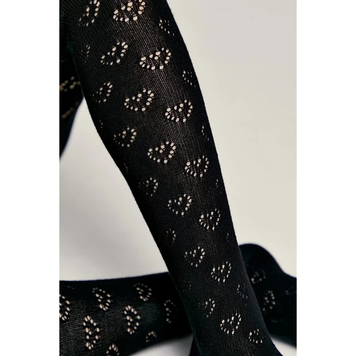 Ciorapi subtiri din bumbac cu model inimi ajurate, Conte Kids Miss 609, Negru