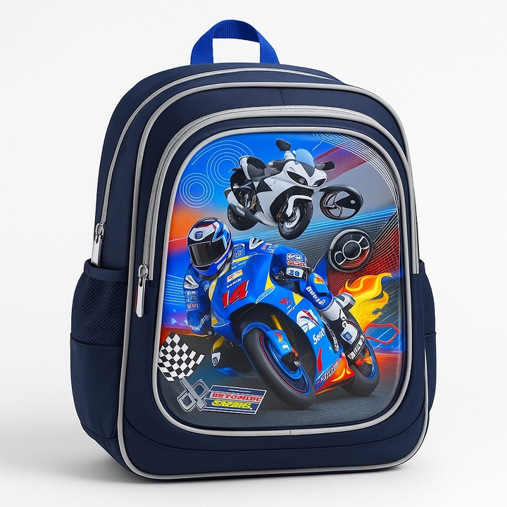 Ghiozdan gradinita, impermeabil, model Moto Racing, imprimeu 3D, 3 compartimente, 40 x 30 x 15 cm
