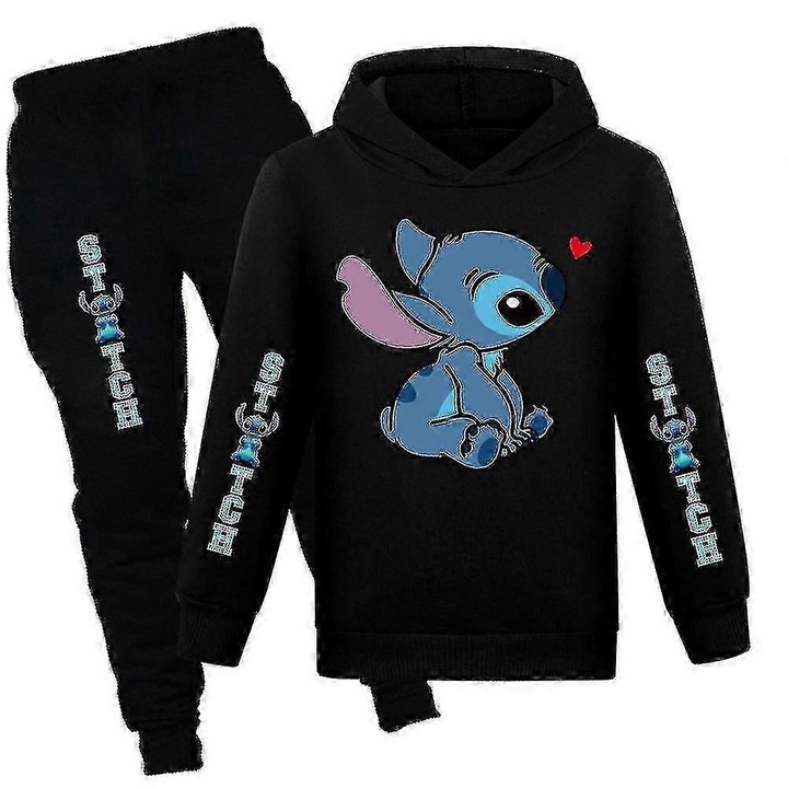 Gyerek melegito szett, Lilo es Stitch, kapucnis pulover, szabadidonadrag, pamut, fekete, Fekete