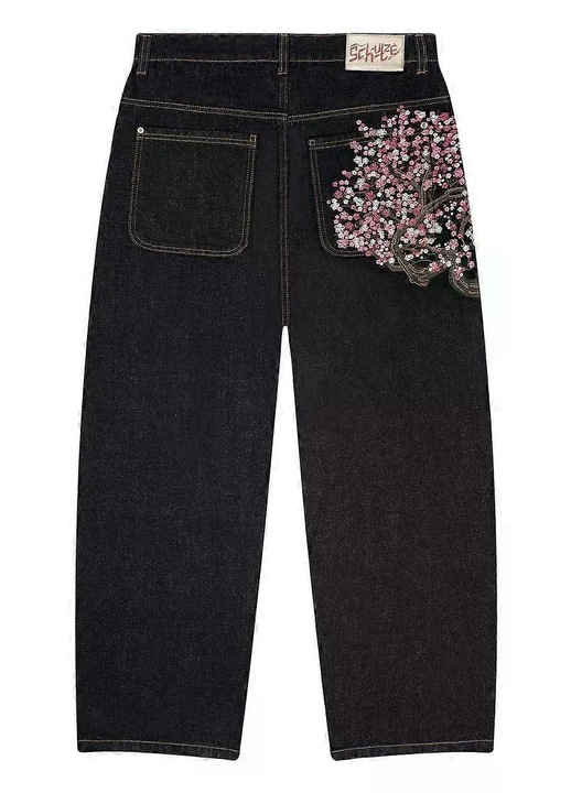 Férfi farmernadrág, retro Y2k, lezser, bő, cseresznyevirág hímzéssel, fekete, XL INTL