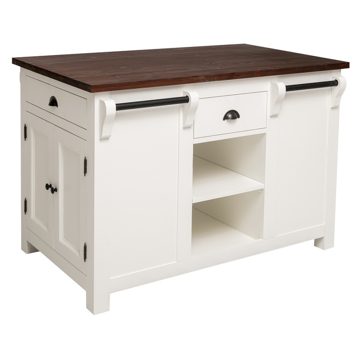 Insula de bucatarie, culoare blat maro P081, culoare corp alb murdar P039, dublu color, 100% lemn masiv, 135x90x85 cm