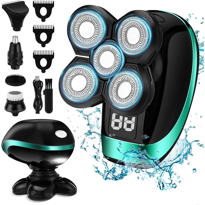 PRESOMA® 5D professzionális borotva, 8 az 1-ben, arcra, fejre és testre, digitális kijelző, nedves és száraz, IPX7 vízálló, USB újratölthető, fekete/zöld