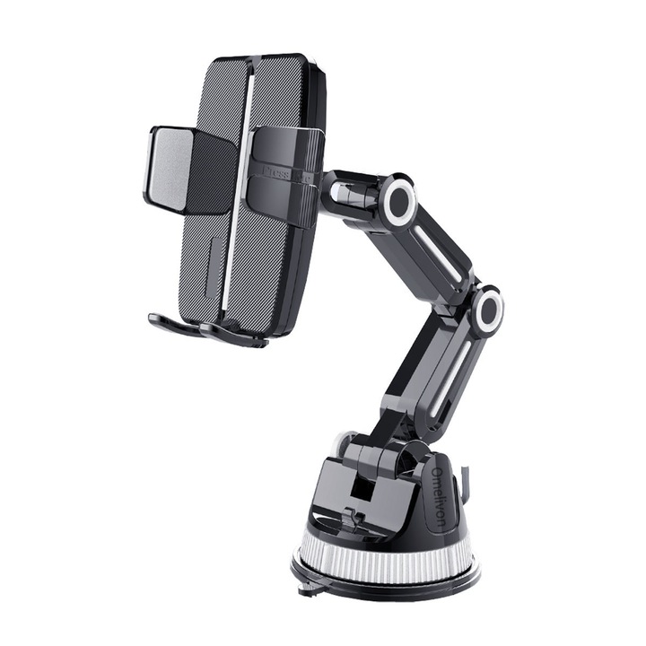 Autós telefontartó, Omelivon®, univerzális, tapadókorongos kialakítás, mosható, háromtengelyes, 1260°-ban forgatható, kompatibilis vízszintes és függőleges tájolással is, fekete