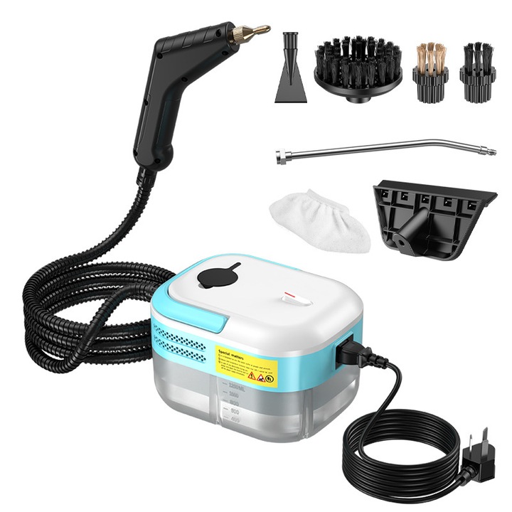 Aparat de curatat cu abur, 1200W, rezervor de apa de 1200ml, 3 bari, 220V, 100°C, protectie impotriva scurgerilor, anti-ardere uscata, potrivit pentru curatenia casnica, 19x15x12cm, albastru si alb