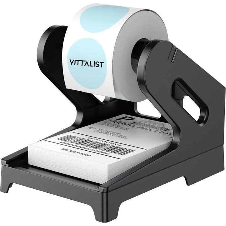 Suport pentru Etichete Termice Autoadezive VITTALIST®, pentru Imprimanta Termica, Etichete Rola sau in Format Acordeon pentru AWB, Accesoriu pentru Imprimanta de Birou, Negru