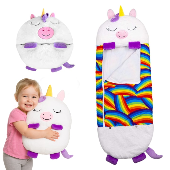 Jucarie de plus 2 in 1 Perna/Sac de dormit, 135x50cm cu interiorul de 104 cm inorogul Rhora RCO® Multicolor, 3-6 ani