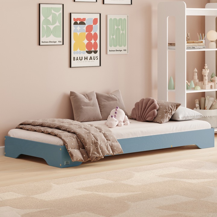 Pat pentru copii 120x60 cm din lemn de pin albastru, cu somiera de pana la 230 kg, montaj usor – Pat single pentru baiat sau fata Tila 7 Smartwood