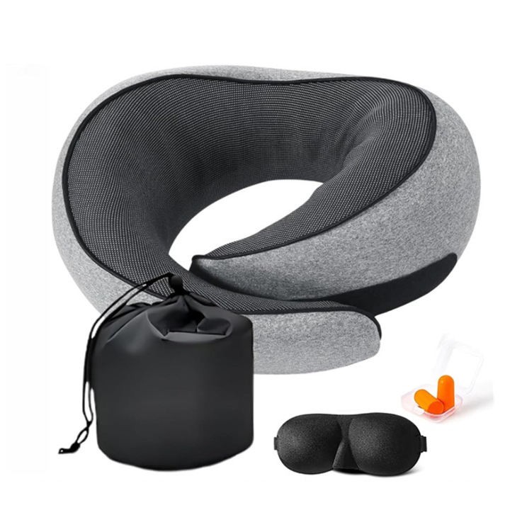 Възглавница за пътуване за врат, мемори пяна, комплект с тапи за уши и копринена маска за сън, включена чанта за носене, идеална за самолет, кола или офис, свалящ се калъф, сива