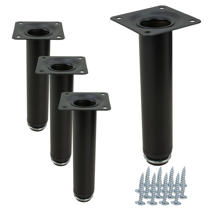 4 x Picior drept negru pentru mobila, inaltime 15 cm, inaltime reglabila