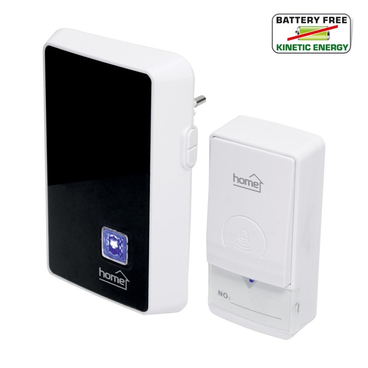 Sonerie fără fir, Home DBK1010AC fără baterie, rază de acțiune de 100m, 20 melodii, volum reglabil pe 3 nivele, LED albastru, buton cinetic, alimentare 230V