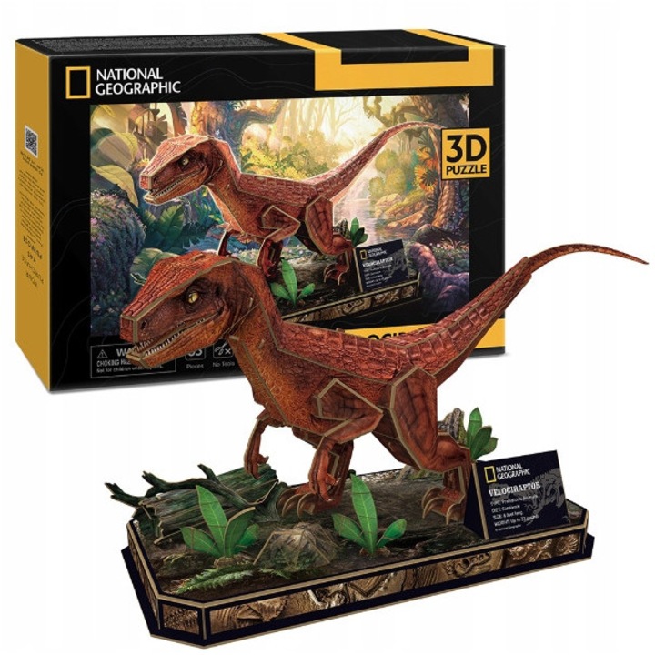 3D Puzzle, National Geographic, Velociraptor, 63 darab, karton, útmutatóval, bemutató állvánnyal, névtáblával, többszínű, 63 darabot tartalmaz, mérete 39 x 16,5 x 18 cm, összeszerelhető készlet