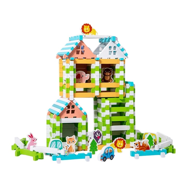 Malvys® Fa építőjáték készlet gyerekeknek – Házikók, állatkák, autók – Montessori típusú oktatójáték, 120 színes darab