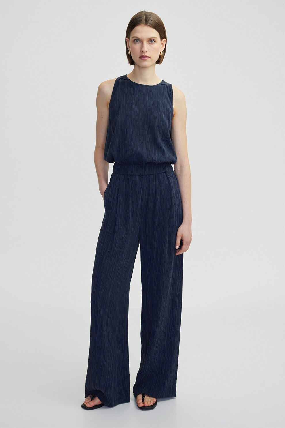 Ipekyol, Pantaloni din amestec de lyocell si talie elastica, Bleumarin, 38