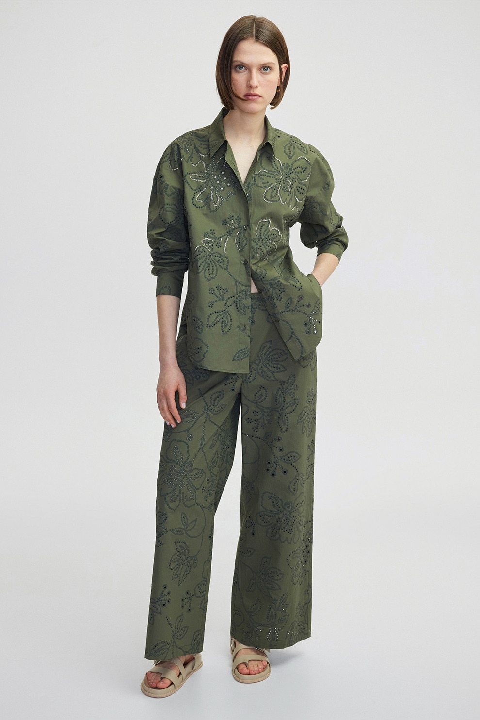 Ipekyol, Pantaloni cu imprimeu floral, verde militar inchis, 38