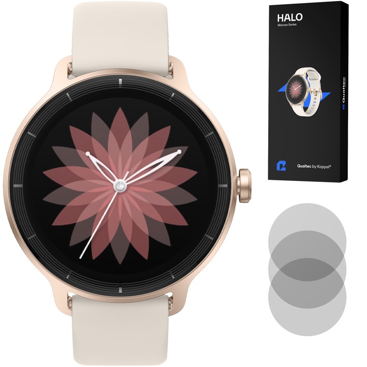 Ceas smartwatch dama, Qualtec by Koppel®, inteligent, smartwatch femei, fitness sport, ecran rotund 1.27", fluid, numarat pasi, rezistent apa, ceas telefon Android/iPhone, notificari, apel Bluetooth 5.3, microfon HD, limba RO, folii protectie, HALO, gold