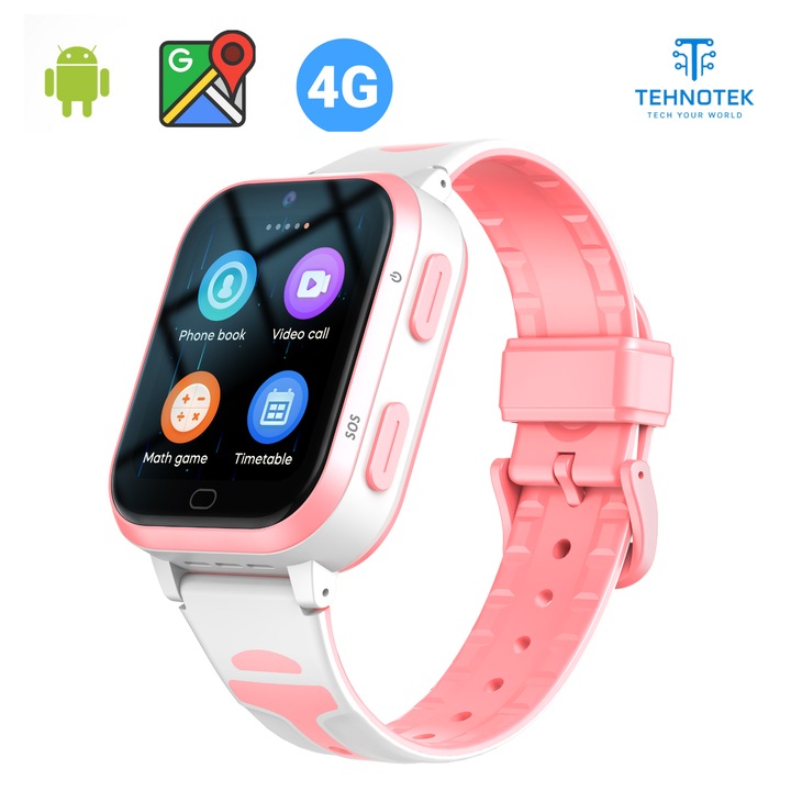 Смарт часовник за деца 4G, Android, Google Play, Whatsapp, TikTok, Instagram, Facebook, Youtube, TehnoTek, HD камера, GPS местоположение, HD видео разговори, Super AMOLED, шпионско наблюдение, IP67 вода, WIFI, Bluetooth, пулс, розов