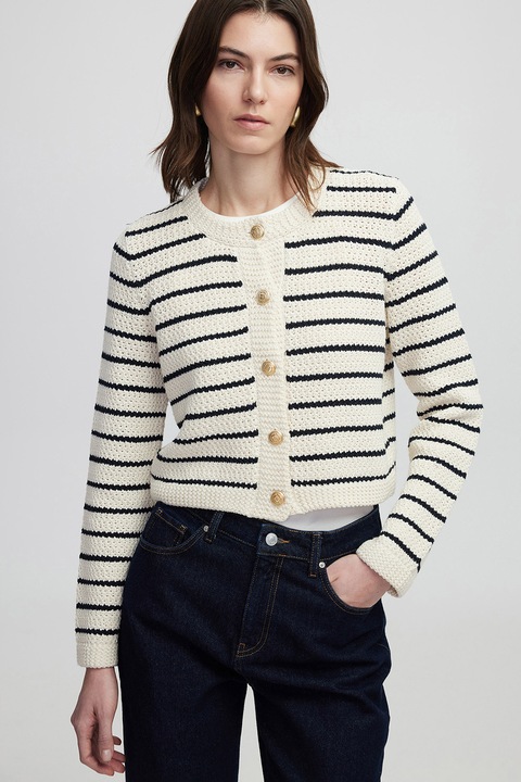 Ipekyol, Cardigan cu model in dungi si inchidere cu nasturi, Alb fildes/Albastru ultramarin