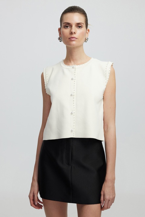 Ipekyol, Cardigan fara maneci cu aplicatie cu margele, Alb