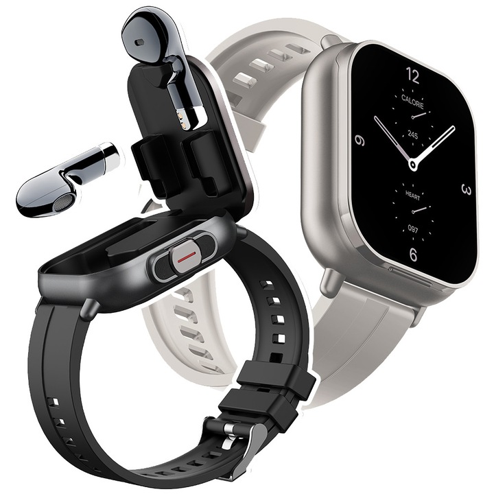 Ceas Smartwatch Sport Nexo tws 2 in 1 cu Casti Bluetooth Monitorizare Sanatate Ritm Cardiac Fitness iOS Android Negru