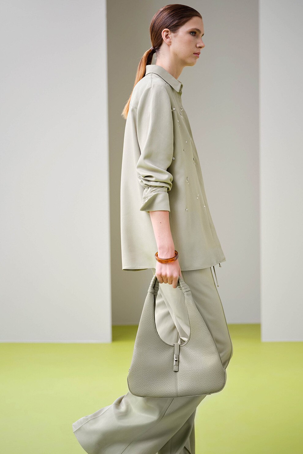 Ipekyol, Pantaloni lungi cu croiala dreapta si model uni, Verde spranghel, 36
