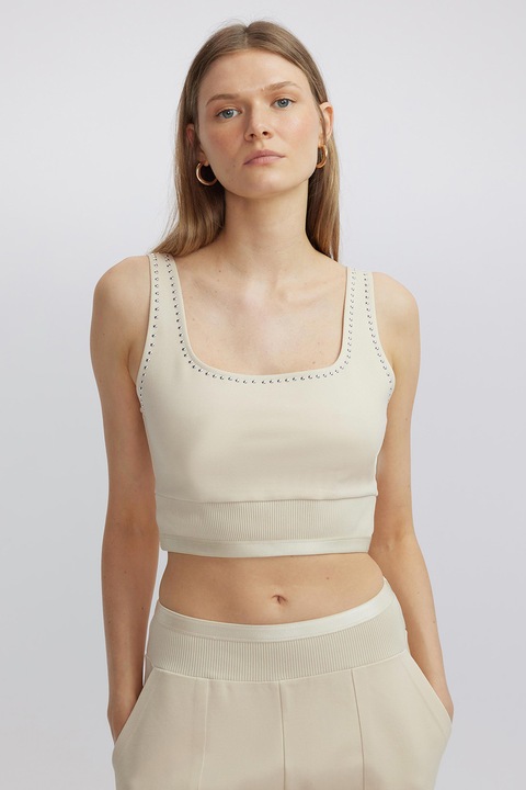 Ipekyol, Top crop cu decolteu patrat, Alb fildes/Argintiu