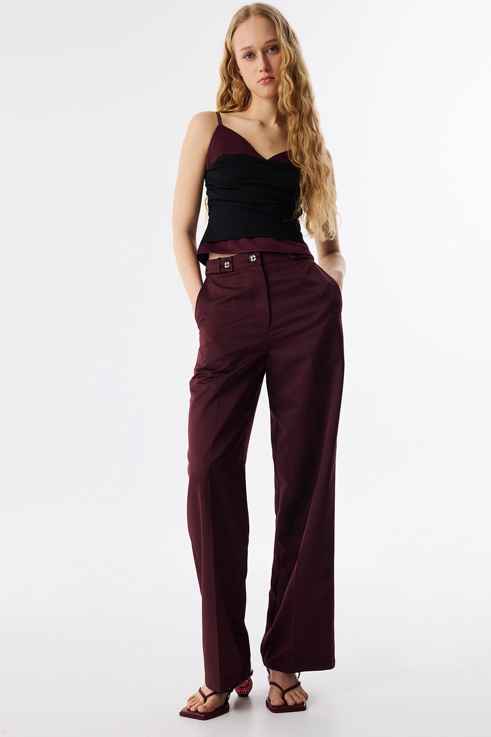 TWIST, Pantaloni cu croiala ampla si talie inalta, Violet pruna, 38