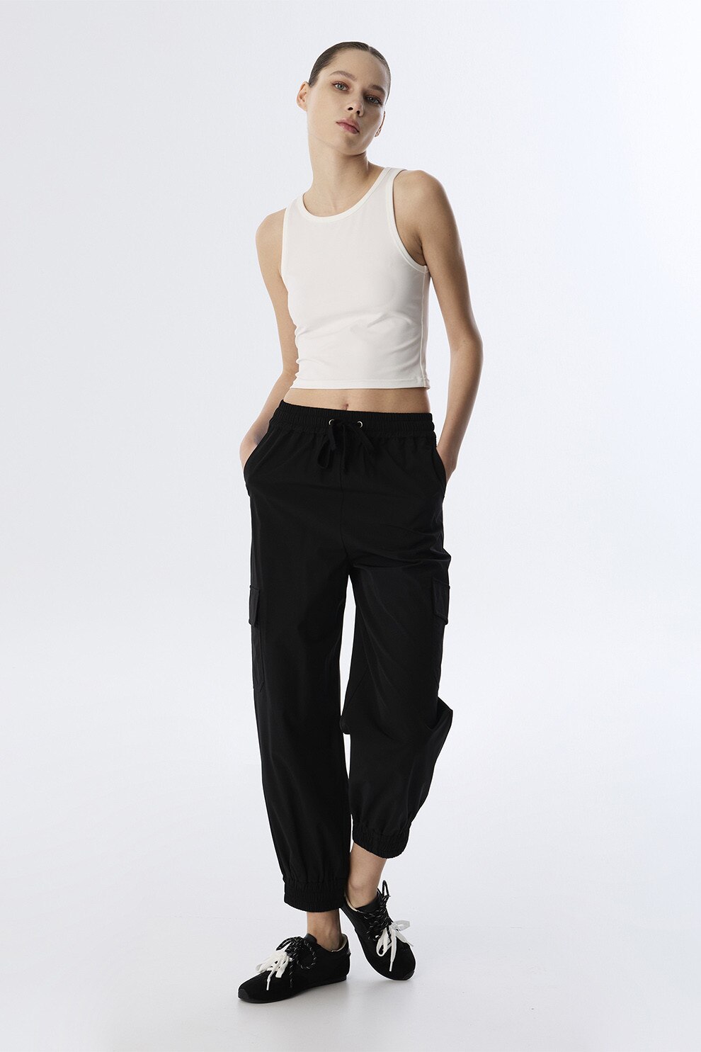 Twist, Pantaloni de trening cu talie inalta si ajustabila, Negru, L