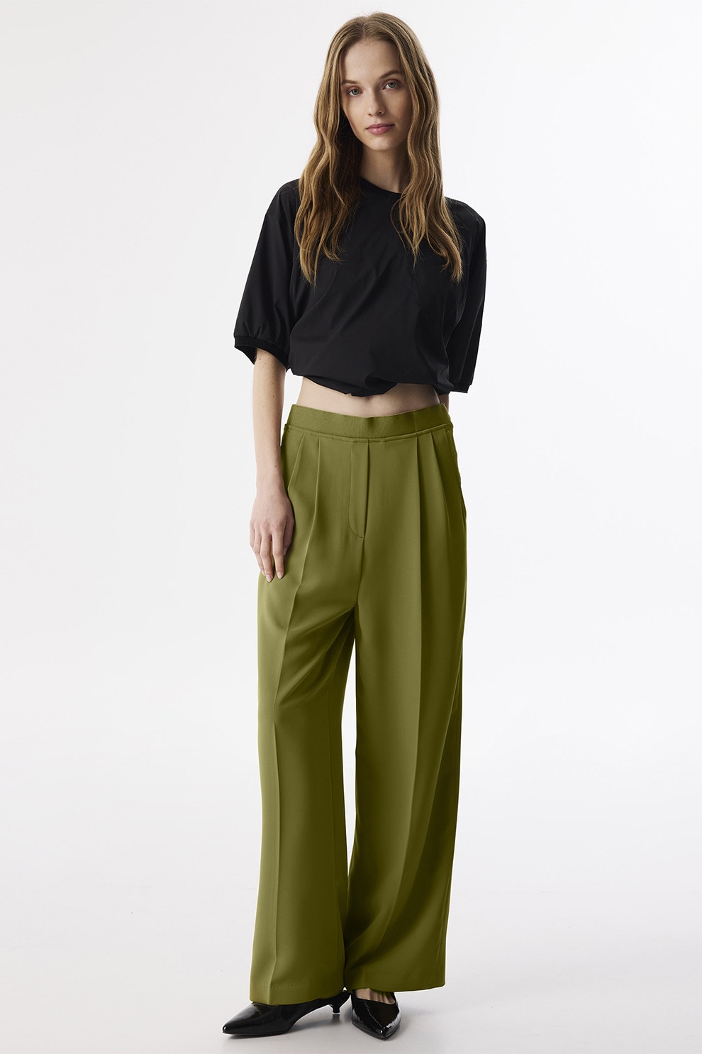 Twist, Pantaloni cu pliuri si croiala ampla, Verde masliniu, 40