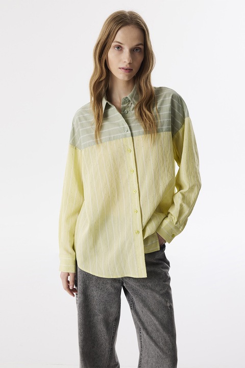 Twist, Camasa supradimensionata cu dungi si doua nuante, Verde/Galben pai