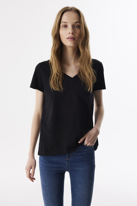 Twist, Tricou de bumbac cu decolteu in V, Negru