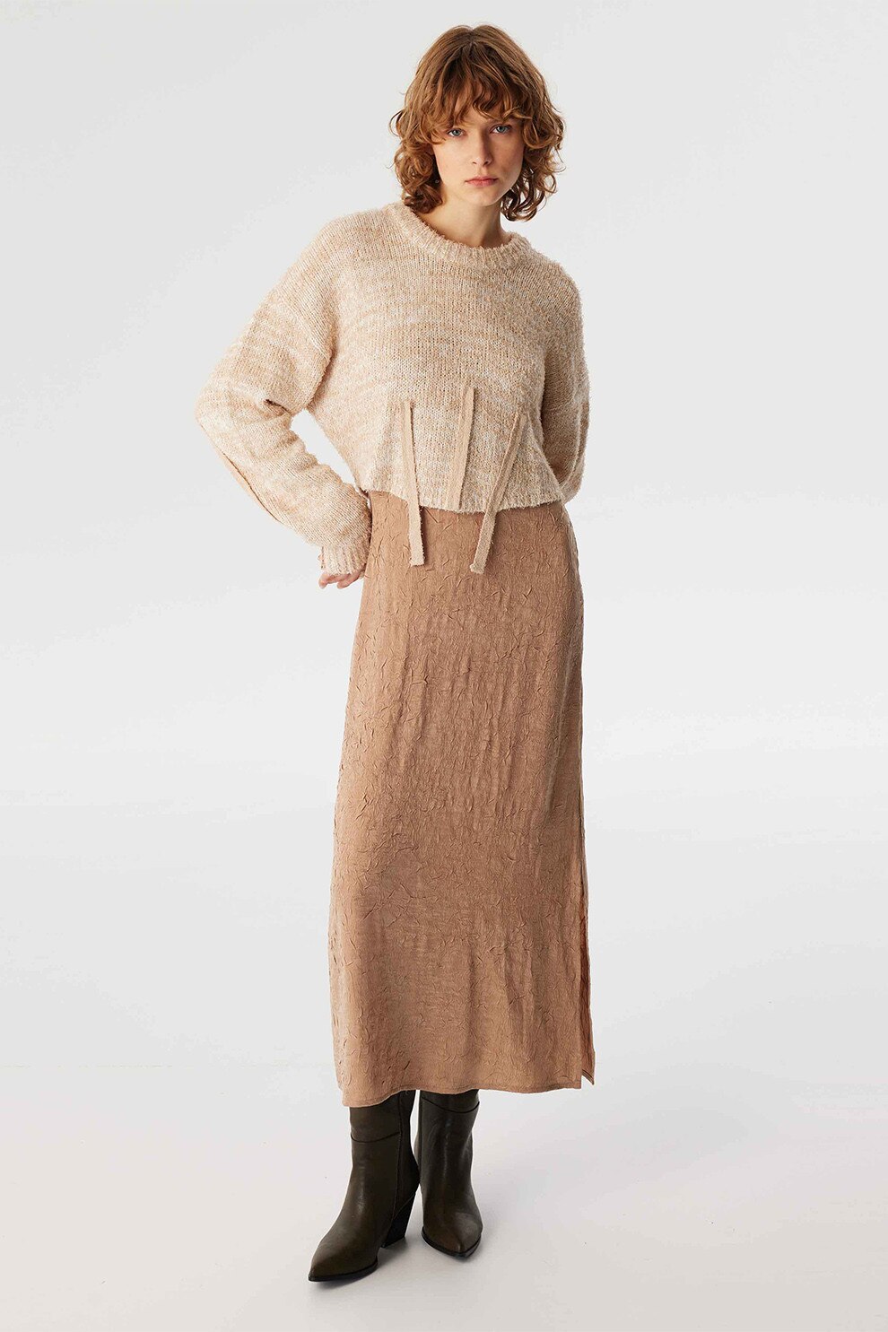 Twist, Rochie cu maneci lungi si model 2 in 1, Maro nisip, 36