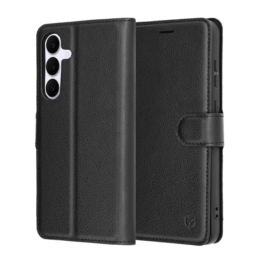 Husa pentru Samsung Galaxy S25 FE, SKYDDAR INNOVATION, Leather Folio tip Carte, cu Portofel Interior, Finisaje Premium, set cu sticker, Negru