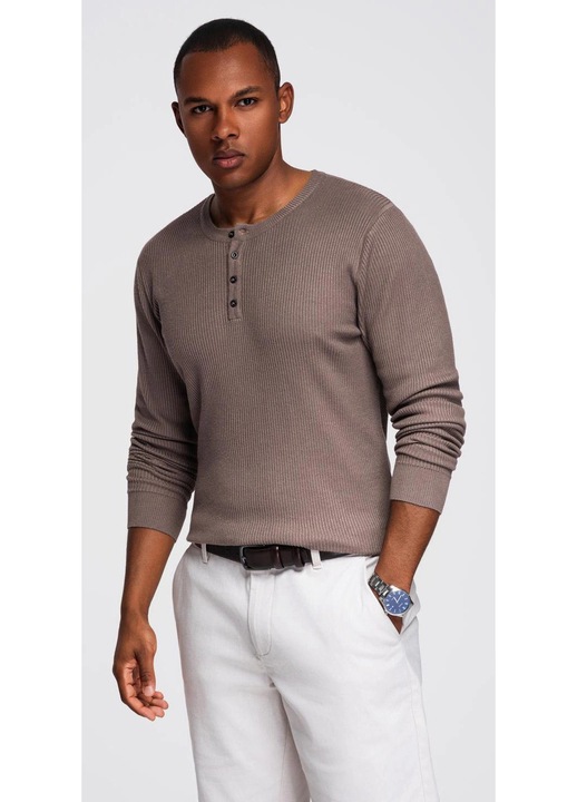 OMBRE, Рипсен слим пуловер с цепка с копчета, Кафяв