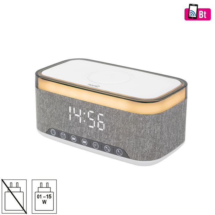 HOME LTCR06 player multimedia și ceas cu alarmă, 2x5 Wați, încărcare telefon Qi, Bluetooth TWS, radio FM, afișaj LED, acumulator încorporat