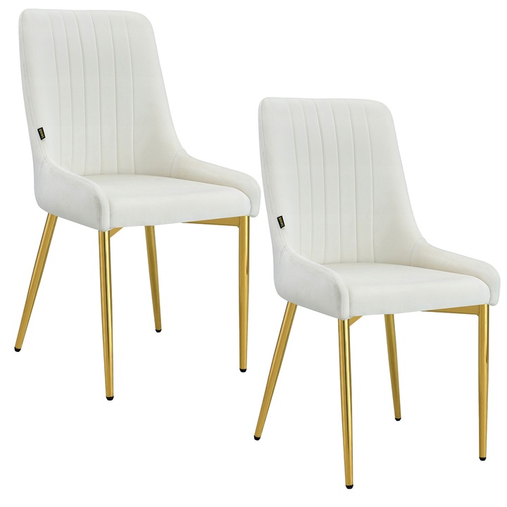 Комплект 2 стола тапицирани с кремаво-бяло кадифе със златни метални крака – модел Queen – бляскав дизайн за трапезария, хол или елегантен офис