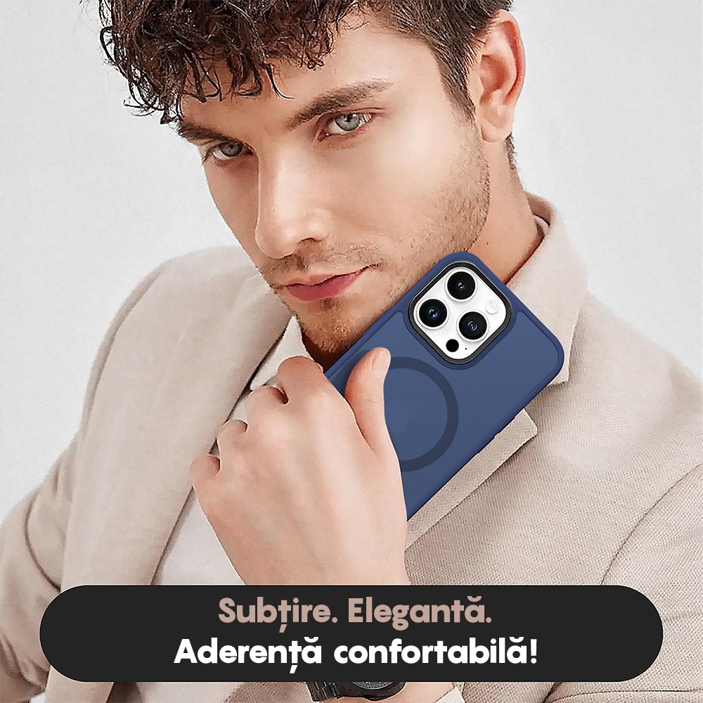 Husa compatibila cu Incarcare Magsafe pentru Apple iPhone 15 Pro Max, CASEY STUDIOS™, de Protectie, Slim, pentru Incarcare Wireless, Margini Ridicate pentru Protectia Ecranului si a Camerelor, Anti socuri, Albastru inchis