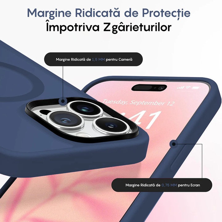 Калъф, съвместим с MagSafe зареждане за Apple iPhone 15 Pro Max, CASEY STUDIOS™, защитен, тънък, за безжично зареждане, повдигнати ръбове за защита на екрана и камерите, против удари, тъмно син