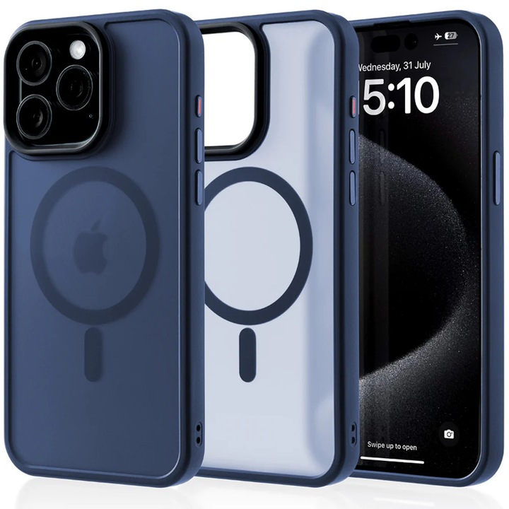 Калъф, съвместим с MagSafe зареждане за Apple iPhone 15 Pro Max, CASEY STUDIOS™, защитен, тънък, за безжично зареждане, повдигнати ръбове за защита на екрана и камерите, против удари, тъмно син