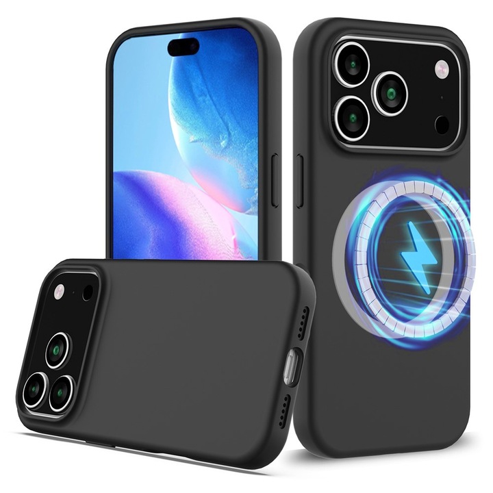 Husa din Silicon MagSafe cu Microfibra pentru Apple iPhone 17 Pro Max, Ultra Thin, Incarcare Wireless, High Quality Soft Material, Drop Protection, Negru