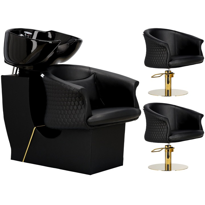 Calissimo, Set Scafa coafor profesionala unitate de spalare model Rimini + 2 x scaune de coafura hidraulic pivotant pentru picioare si accesorii bol ceramic, 1-ZF-057001