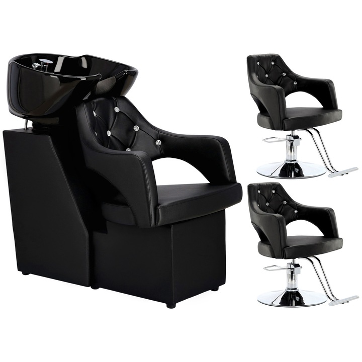 Calissimo, Set Scafa coafor profesionala unitate de spalare model Leia + 2 x scaune de coafura suport hidraulic pivotant pentru picioare si accesorii bol ceramic, Z-FJ-83008-BLACK-ZESTAW