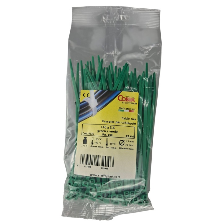 Set 100 buc colier cablu 140x3.6mm din plastic verde Cobra 9135