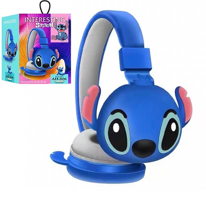 Casti wireless pliabile pentru copii, casti confortabile Lilo & Stitch, cadou de Craciun, albastre