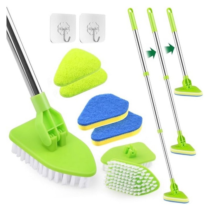 4 в 1 четки за почистване на плочки за баня, разтегателна четка за търкане с дълга дръжка, четка за почистване на душ, 2 четки с твърд косъм, 2 кадифени глави за моп, 2 гъбени глави за моп за под и стена мивка, BEYGIH