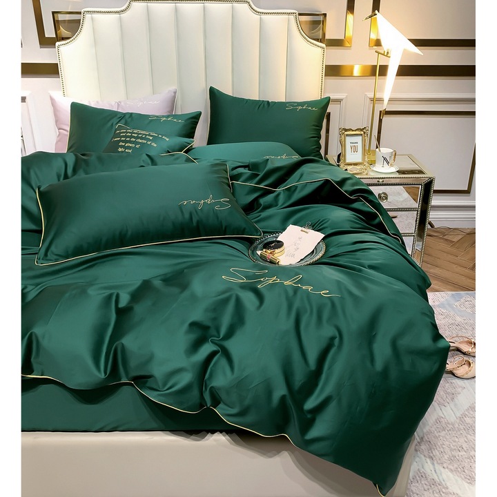 Lenjerie de pat 160x200 sticla verde aur broderie satin conducte