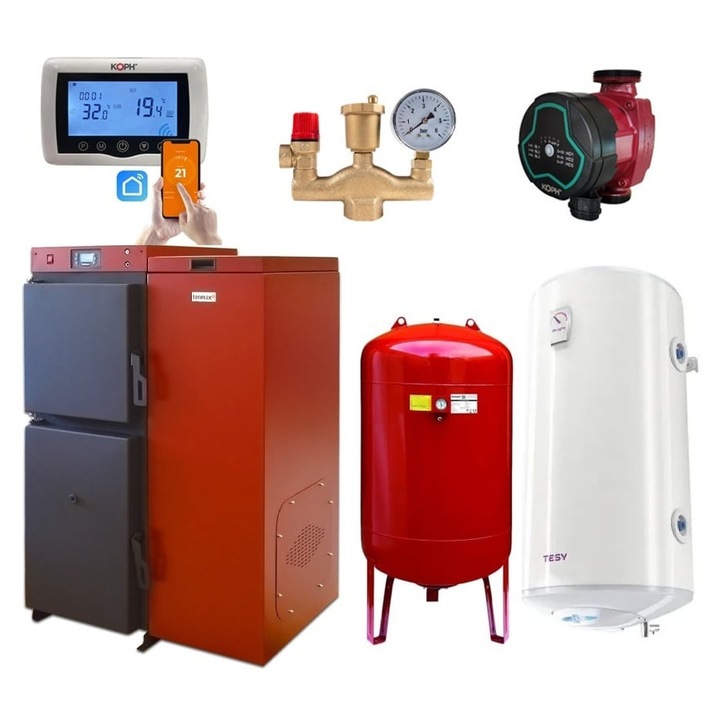 Pachet centrala mixta lemn/pelet Termax Tera 40 kW, 265 mp, buncar peleti 120 kg, volum manta apa 100 litri, diametru cos Ø120 mm, Termostat ambiental KOPH CT99, Pompa recirculare, Boiler termoelectric 100 litri, Grup siguranta