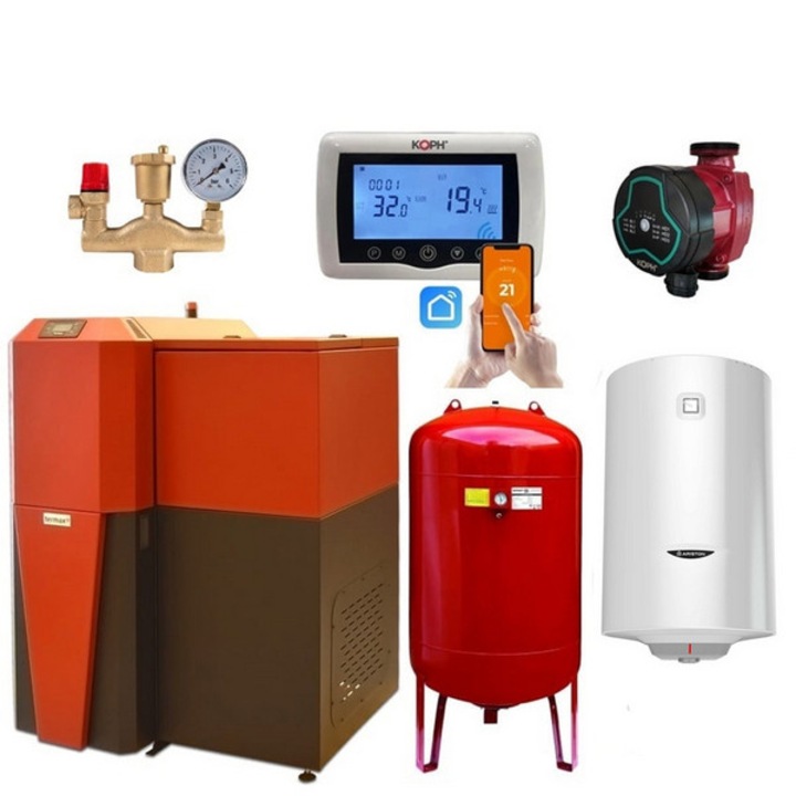 Pachet centrala mixta lemn/pelet Termax Tera 28 kW, 185 mp, buncar peleti 95 kg, volum manta apa 75 litri, diametru cos Ø120 mm, Termostat ambiental KOPH CT99, Pompa recirculare, Boiler termoelectric 100 litri, Grup siguranta
