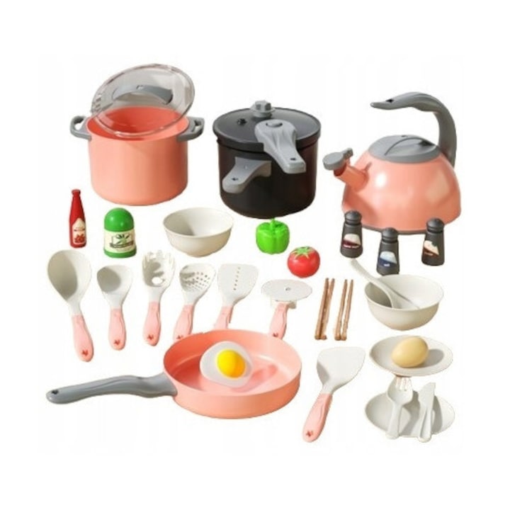 Set bucatarie copii, 32 elemente, roz, accesorii realiste