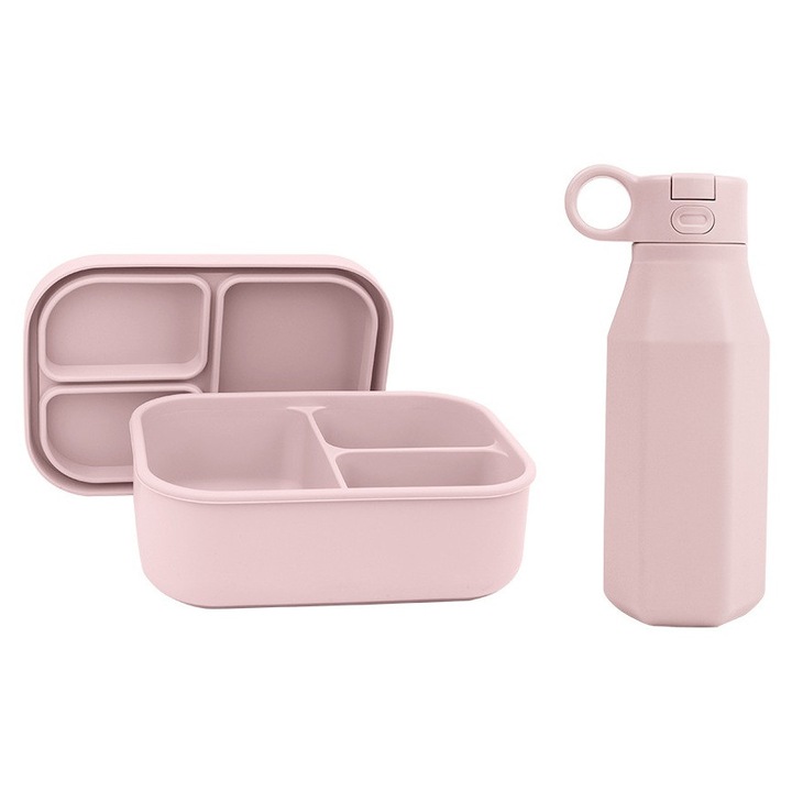 Set pranz din silicon cu sticla si caserola compartimentata – rezistent, sigur si reutilizabil, roz